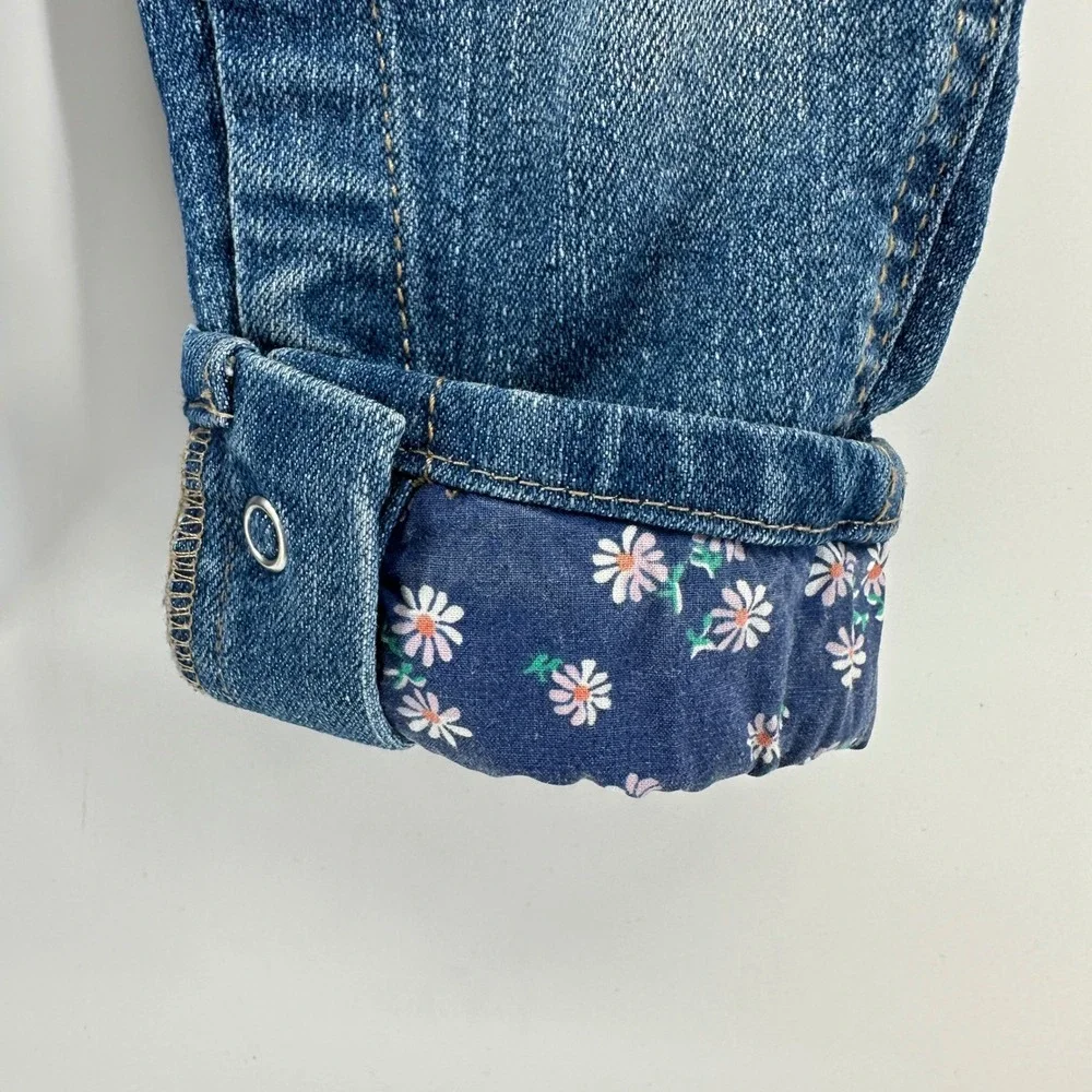 OshKosh Bgosh Girls Blue Denim Floral Trim Bib Overalls 18M 1H235510